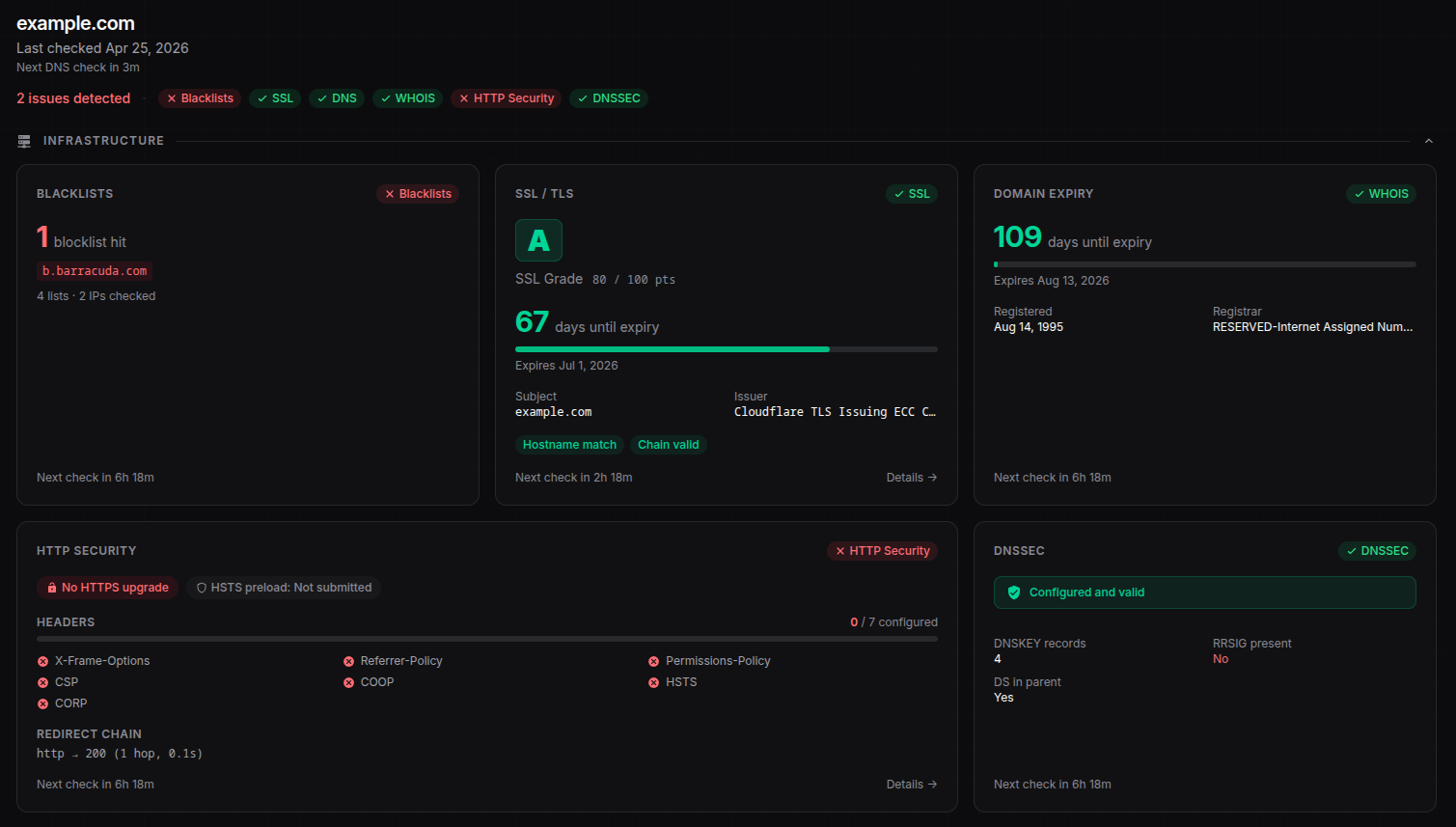 Domain health dashboard showing blacklist status, SSL certificate, DNS records, and WHOIS expiry